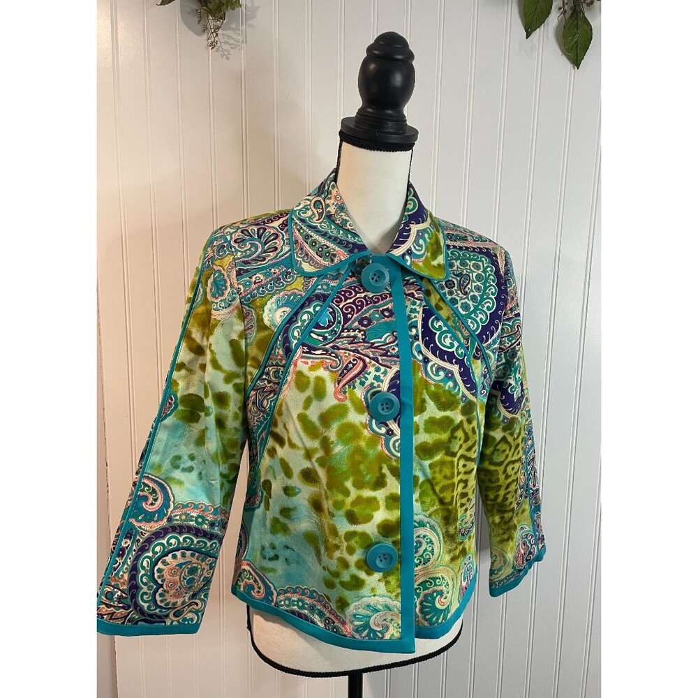 Harvé Benard Womens Paisley Print Jacket Size 8 Cotton Blend Green & Teal